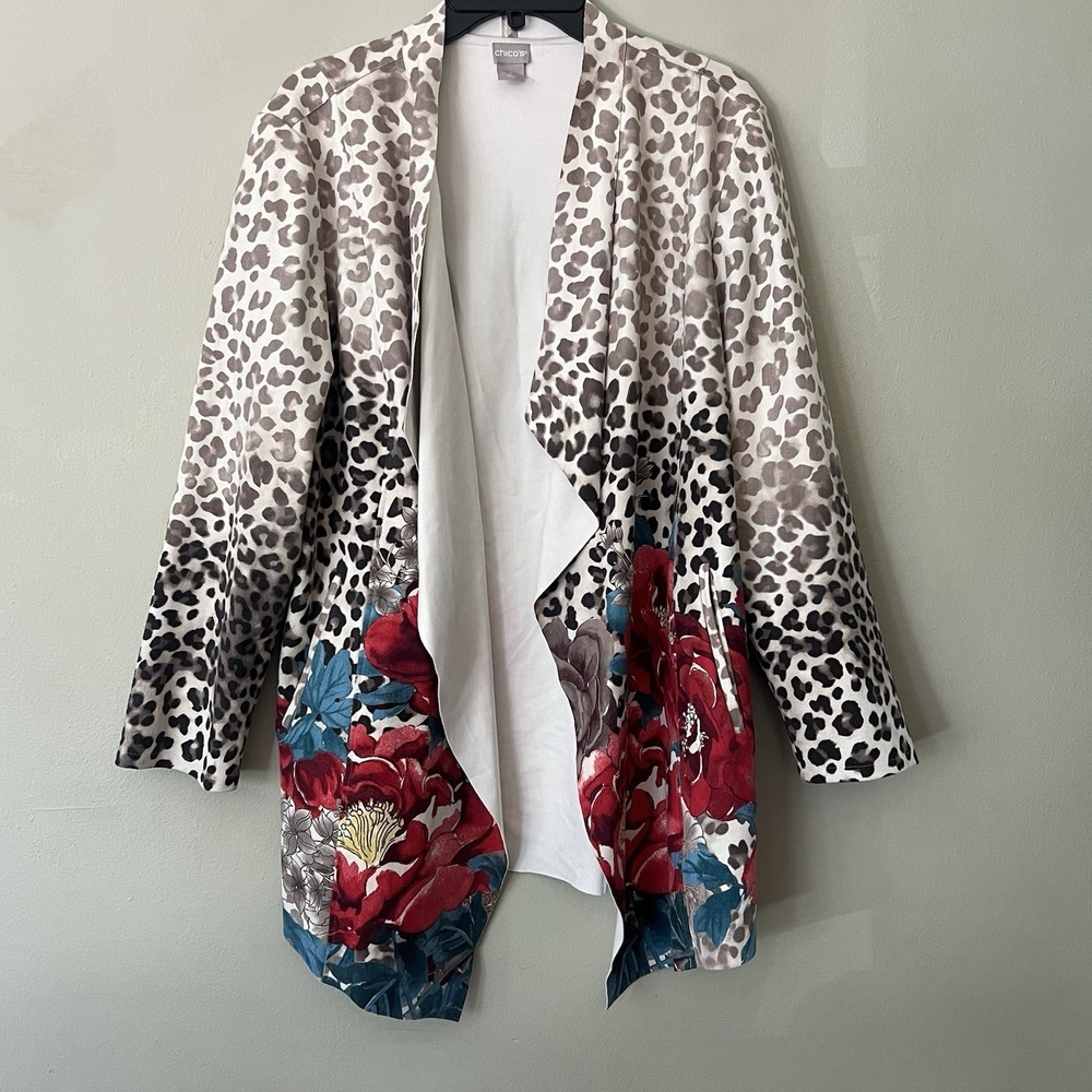 Chicos‎ Long Cardigan Sweater Knit Sz 2 12/14 Animal Mixed Print Casual Comfort